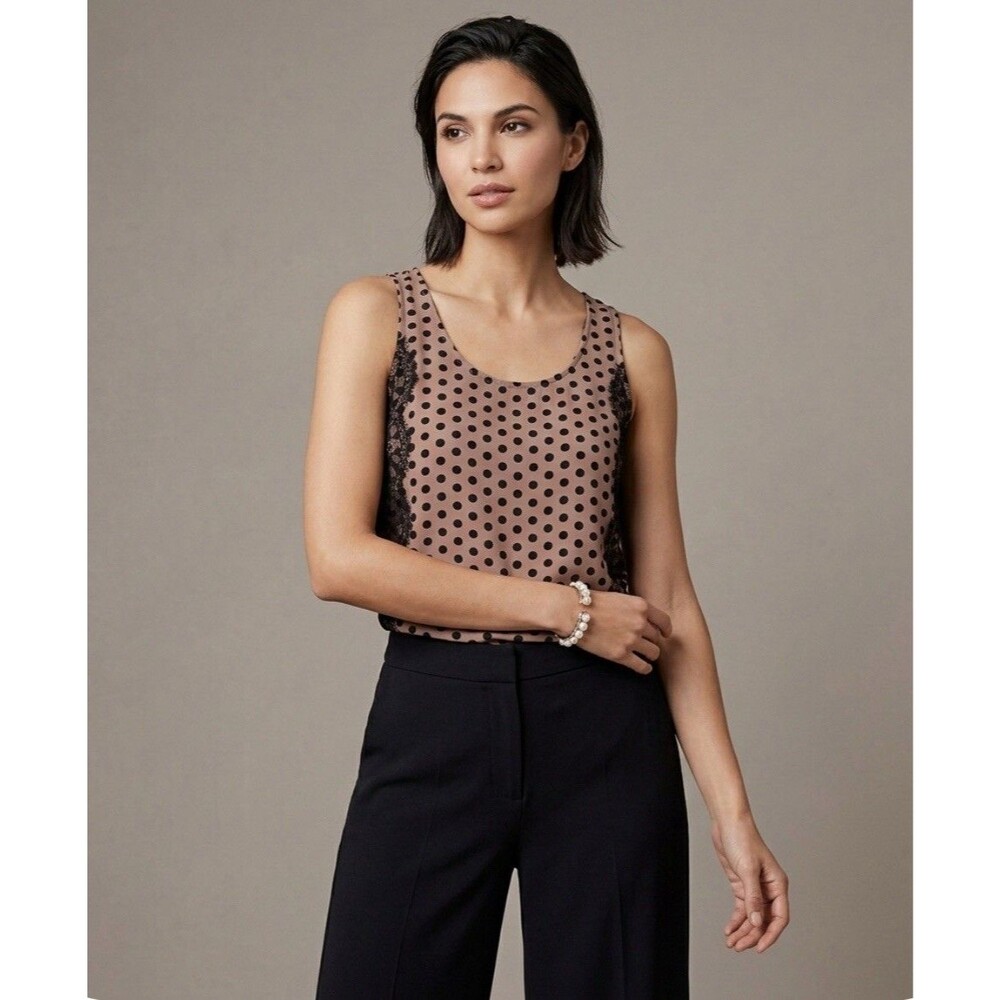 NWT Loft Dusty Mauve Black Polka Dot Side Lace Scoop Neck Tank Top Size Medium M